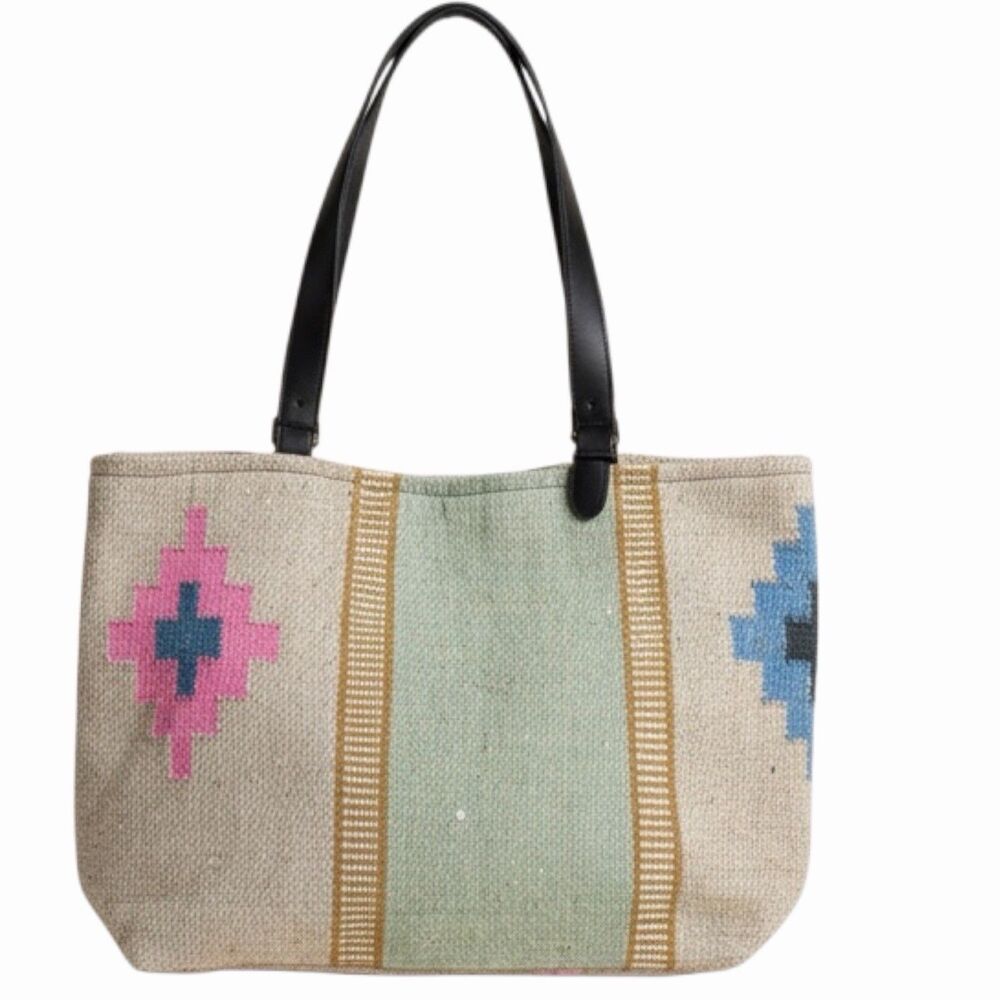 Raj Woven Carpet Tribal Double Handle Tote Purse Satchel Bag